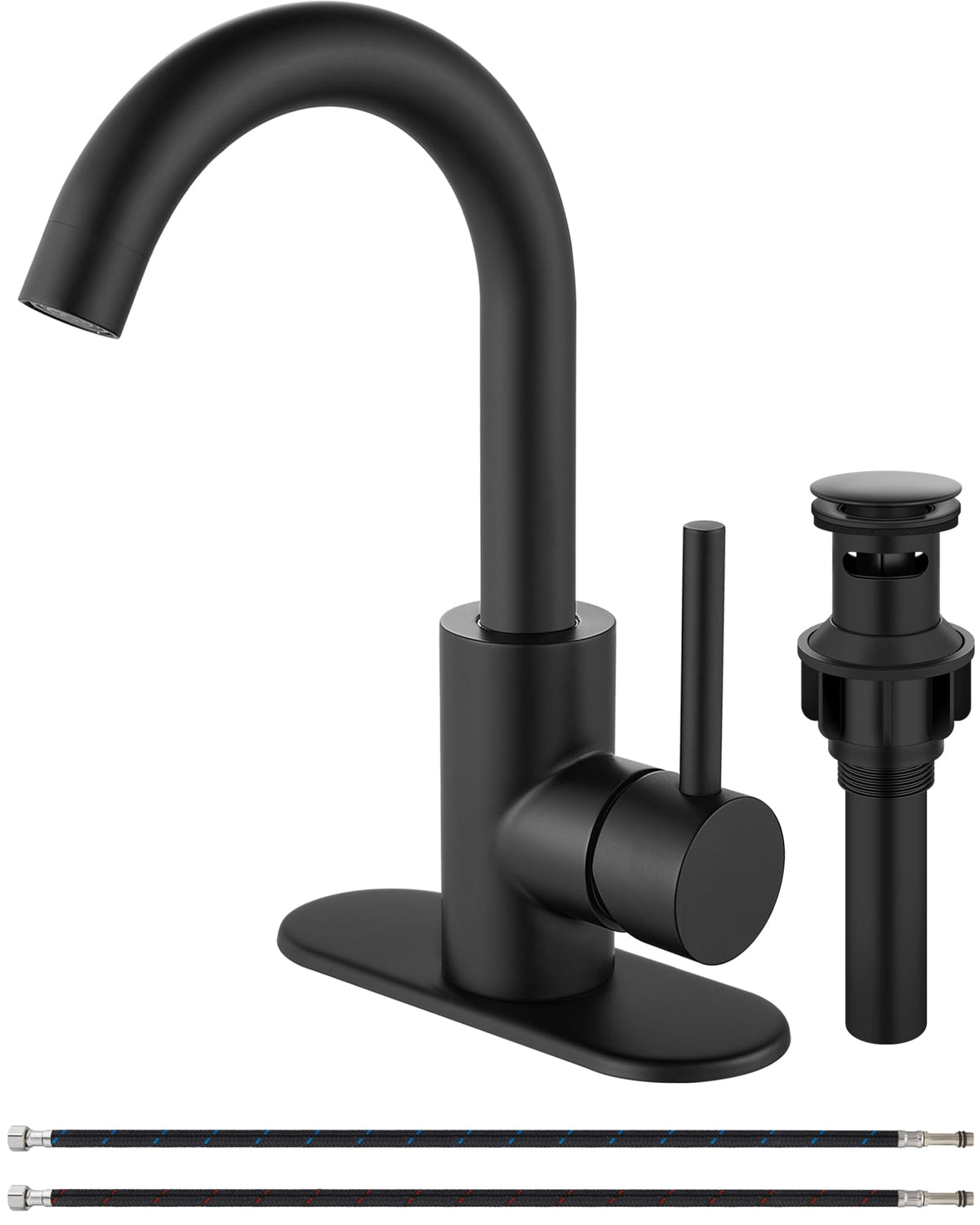 Midanya Matte Black Bathroom Sink Faucet Deck Mount SUS304 Stainless Steel Lavatory Mixer Tap 1 Hole Single Handle with Cover Plate Include Pop Up Drain with Overflow Commercial