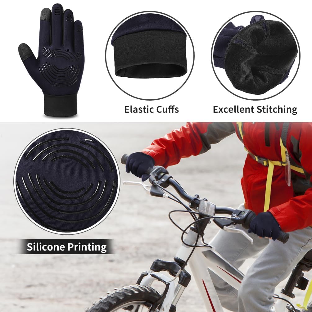 TERRIFI Kids Winter Touch Screen Gloves, Reflective Warm Cycling Gloves for Cold Weather, Outdoor Sports Mittens for Boys and Girls 8-10, Waterproof and Suitable for Biking, Running, Skiing, Black