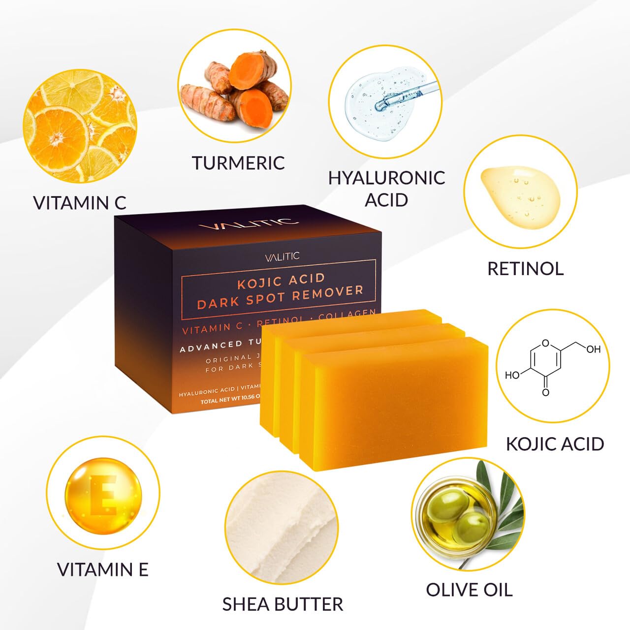 VALITIC Kojic Acid Dark Spot Remover Soap Bars with Vitamin C, Retinol, Collagen, Turmeric - Original Japanese Complex Infused with Hyaluronic Acid, Vitamin E, Shea Butter, Castile Olive Oil (3 Pack) - Medaid International