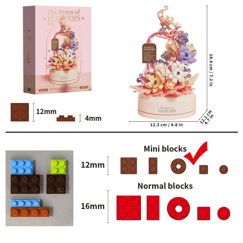 KASTWAVE Flower Building Set with Music Box Base & LED, Ideal Floral Building Block Toy Gift for Girls 8+, Floral Building Toy Office Home Decor, Mini Brick 560 PCS