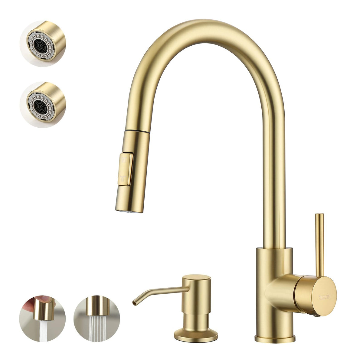 Havin HV601 Kitchen Faucet,Brushed Gold Color, cUPC Certificate for The Cartridge,Fit for 1 and 3 Holes Kitchen Sink,Brassy Yellow-Greenish,Gold Color
