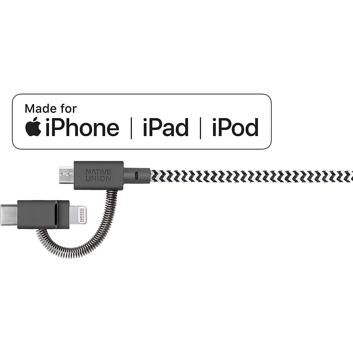 Native Union Belt Cable Universal - 6.5ft Ultra-Strong Reinforced [MFi Certified] Durable Charging Cable with 3-in-1 Adaptor for Lightning, USB-C and Micro-USB Devices (Zebra) - Medaid International