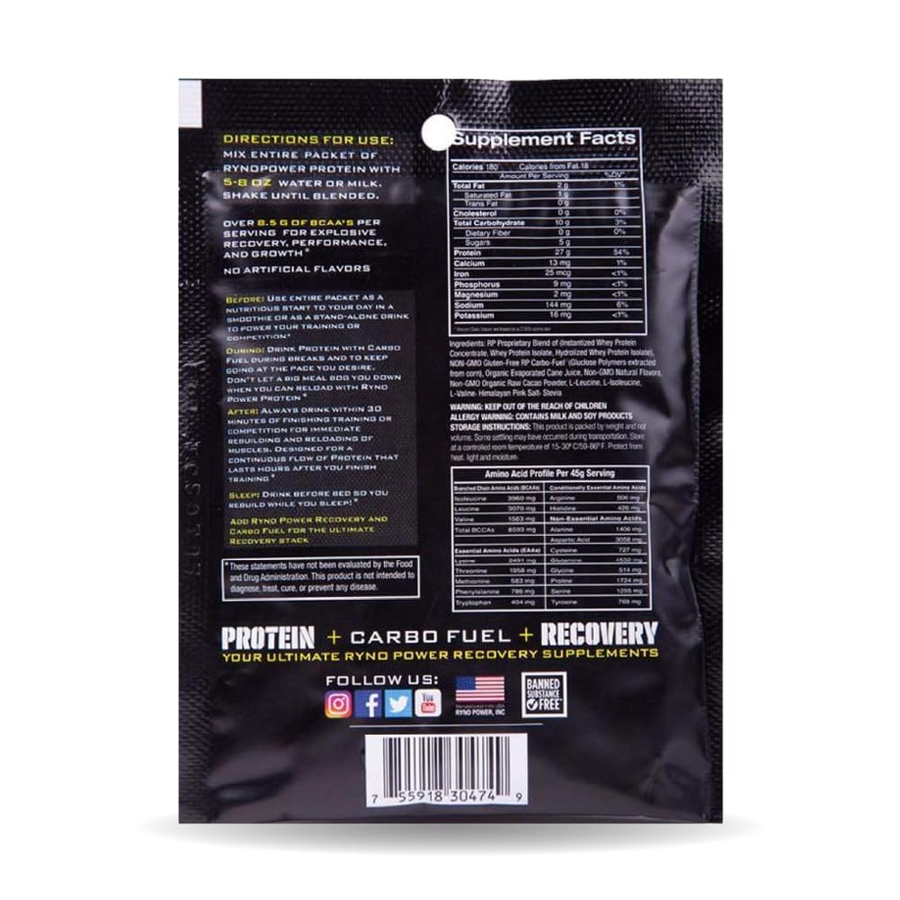 Ryno Power All Natural Whey Protein Singles Caddy (12 Servings) 'Chocolate' - 100% Whey Protein Blend & No Fillers - Non GMO - Medaid International