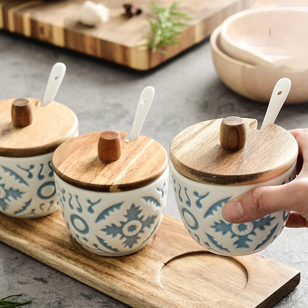 Ceramic Condiment Jar Set with Acacia Wood Tray