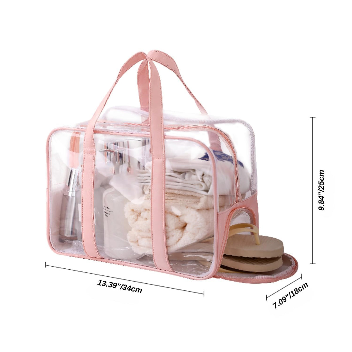 TERRIFI Large Clear Toiletry Bag for Women, Waterproof PVC Beach, Swim, and Gym Bag, Transparent Travel Makeup Cosmetic Organizer Tote, Clear Travel Accessories Bag (Pink)