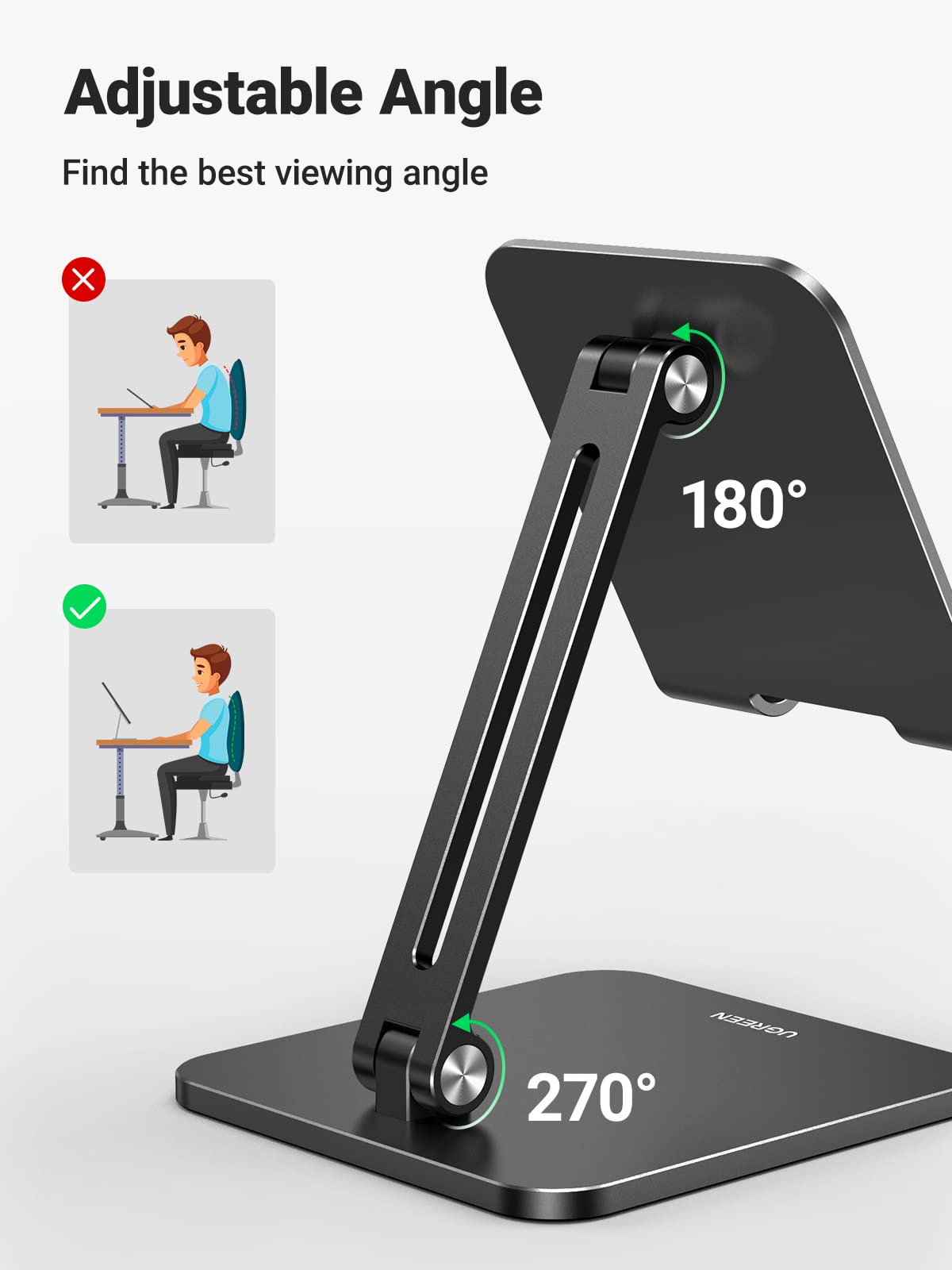 UGREEN Tablet Stand Compatible for iPad Desk Stand Holder Adjustable Aluminum Thicker Base Compatible with iPad Pro Air Mini 13 12.9 11 Inch Home Office Desk Accessories Black - Medaid International