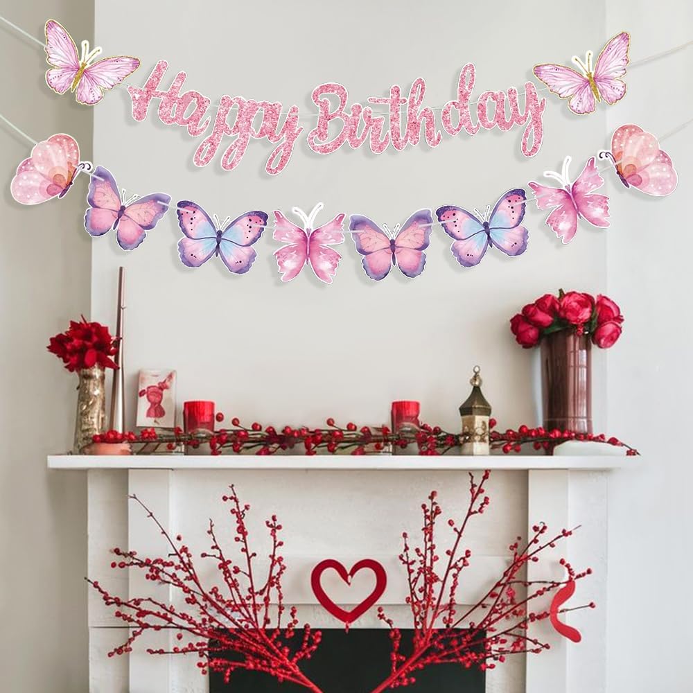KASTWAVE Pink Butterfly Birthday Banner, 2 Pcs Birthday Party Decorations Set with Pre Strung Glitter Happy Birthday Banner, Butterfly String, Fade Resistant Butterflies Theme Party Supplies