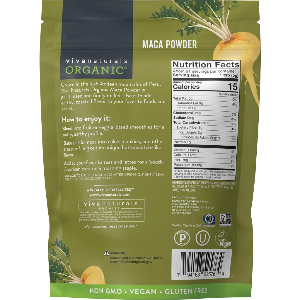 Viva Naturals Organic Maca Powder, Gelatinized, 16 oz (1 lb) – Vegan, USDA Organic, Gluten-Free, Non-GMO Peruvian Superfood in Resealable Bag - Medaid International