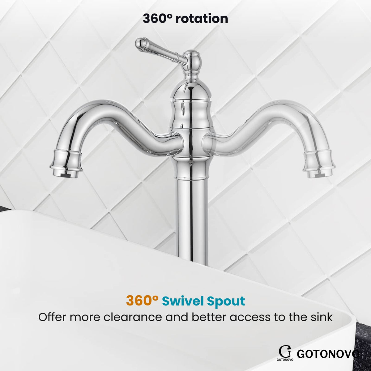gotonovo Bathroom Vessel Sink Faucet Polish Chrome Single Handle Lavatory Vanity Mixer Bar Tap 360° Swivel with Pop Up Drain Tall Spout Single Hole Deck Mount