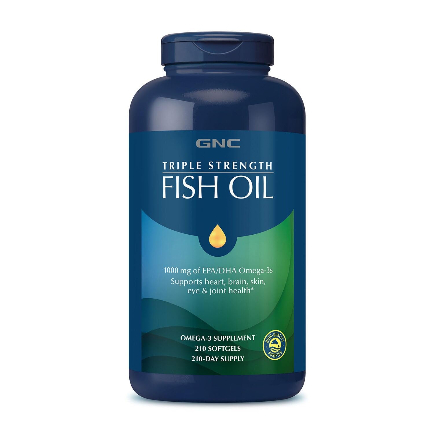 GNC Triple Strength Fish Oil Omega 3 Supplement, 1000mg EPA & DHA, Supports Heart, Brain, Skin, Eye and Joint Health, Burpless, Ultra Concentrated, High Potency, Wild Caught, 210 Softgels - Medaid International