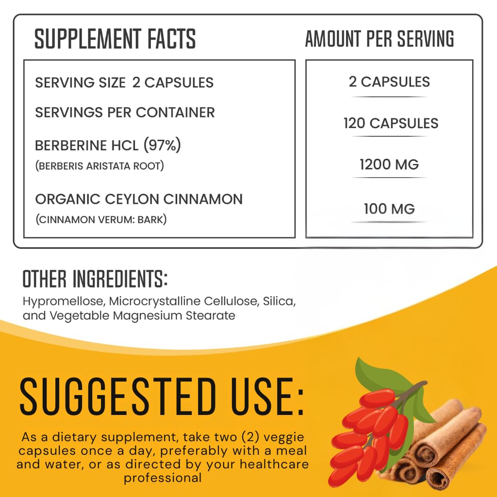 Berberine with Ceylon Cinnamon 1200mg – 97% Purity- Non-GMO, Gluten-Free, Lab-Tested Vegan Berberine Supplement (120 Count) - Medaid International