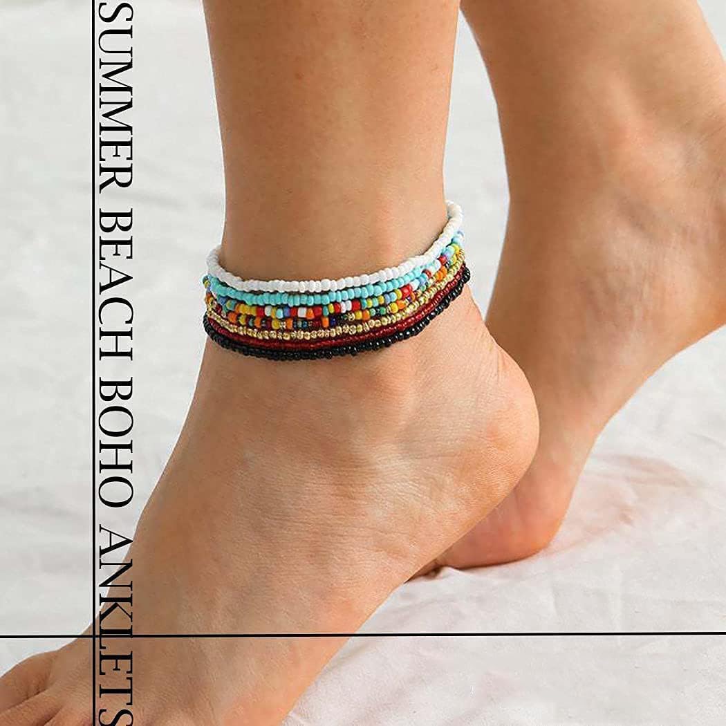 TERRIFI Multilayered Women Anklets, Beaded Elastic Foot Hand Chain Jewelry, Boho Colorful Ankle Bracelet Set (7Pcs)
