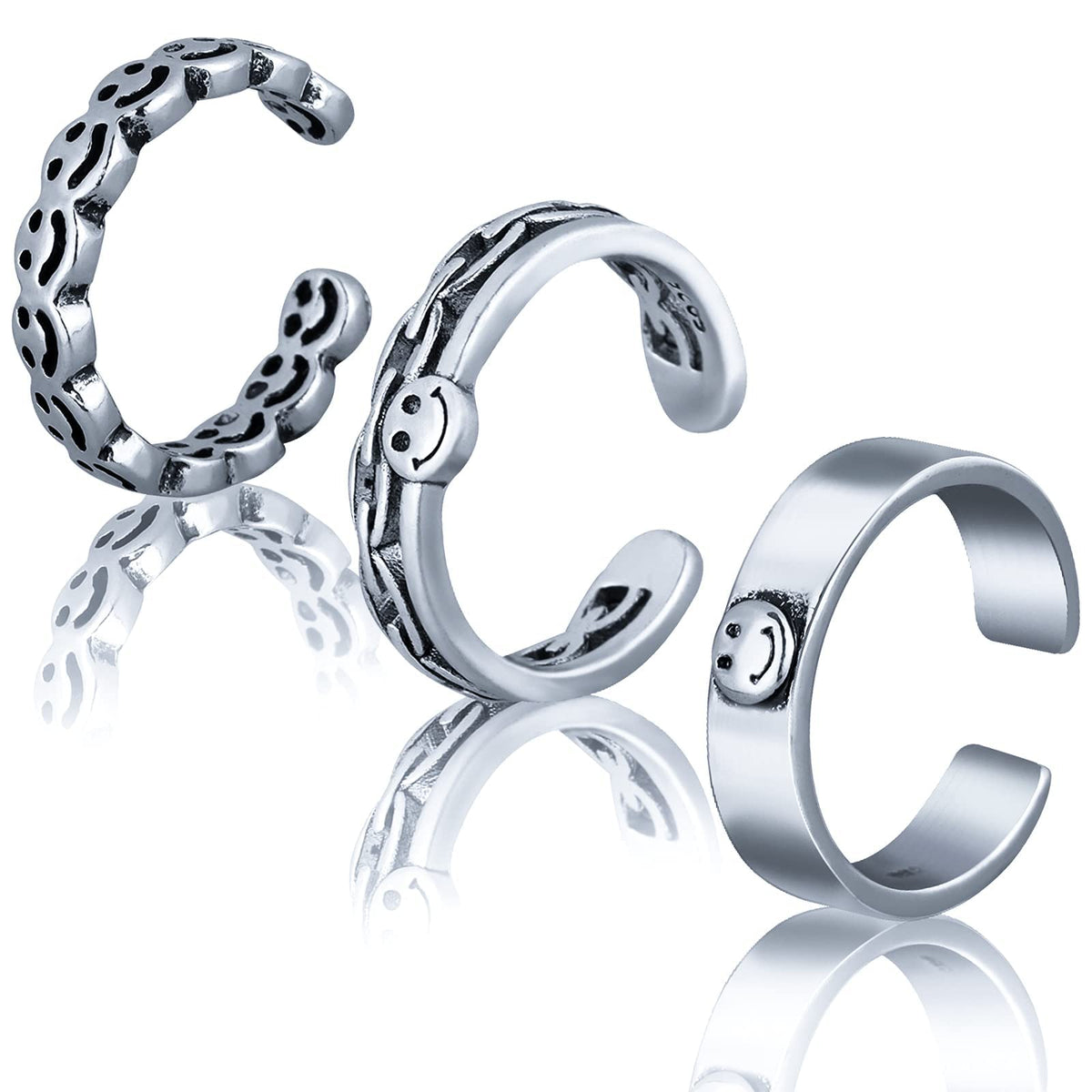 KASTWAVE 3 Piece Smiley Face Ring Set, Vintage Chunky Adjustable Silver Rings for Men and Women, Fun Open Knuckle Design