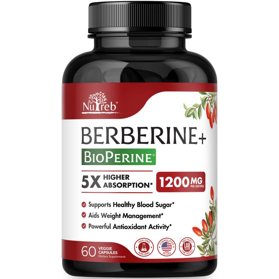 Nutreb Berberine Supplement 1200mg - 5X Higher Absorption - Ultra Pure 98% Berberine HCL - Healthy Weight Management, Immune Support - Non GMO, Manufactured in USA - 60 Vegan Capsules - Medaid International