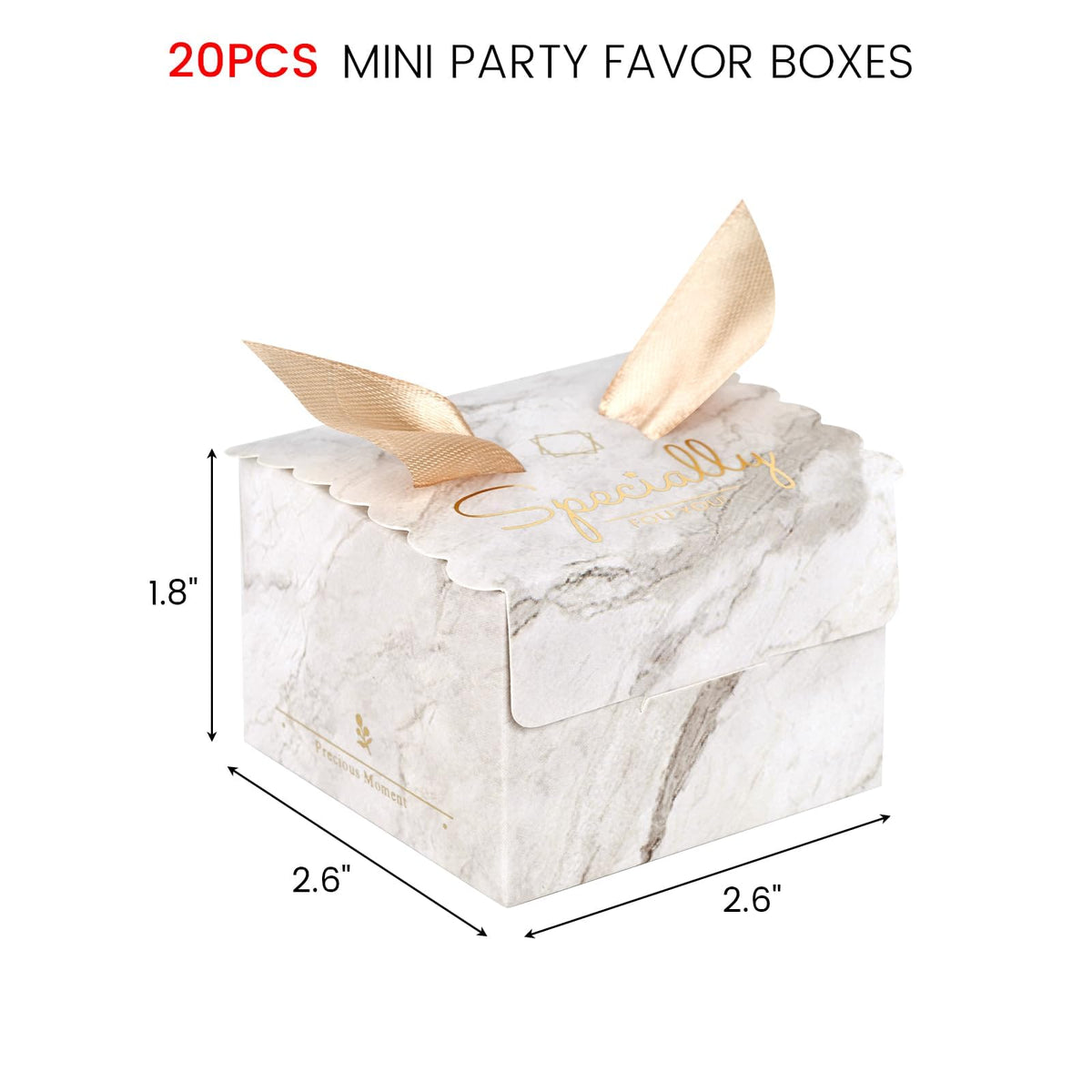 KASTWAVE 20 Pack Small Marble White Gift Candy Boxes, Party Favor Boxes with Ribbon for Wedding, Baby Shower, Birthday Party Decorations (2.6x2.6x1.8 inch)