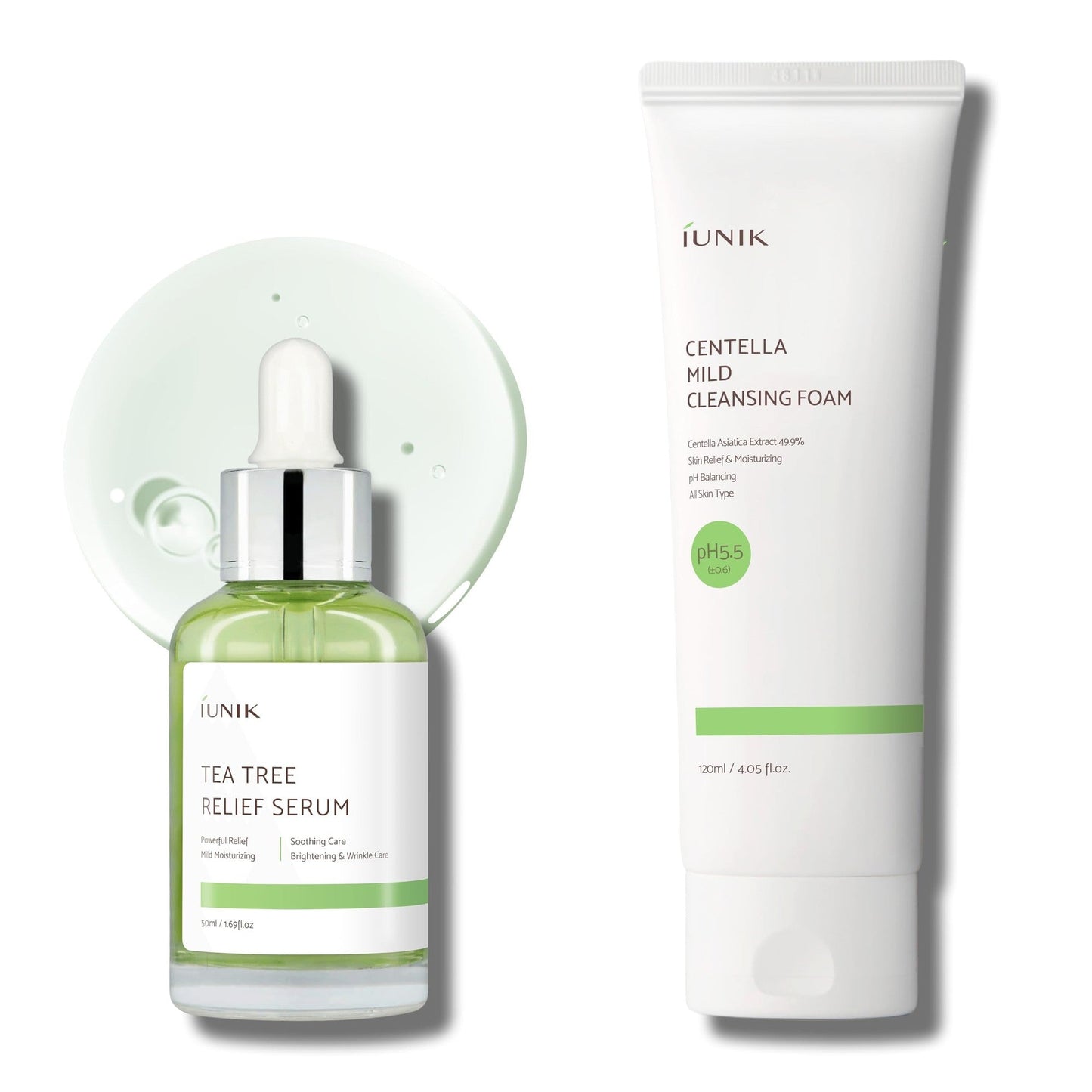 iUNIK Tea Tree Relief Serum & Centella Mild Facial Foaming Cleanser Non-Sticky Non-Stripping pH balancing Soothing Calming Ampoule Gentle Mild Face Cleanser Oily Sensitive Skin Vegan Korean Skincare - Medaid International
