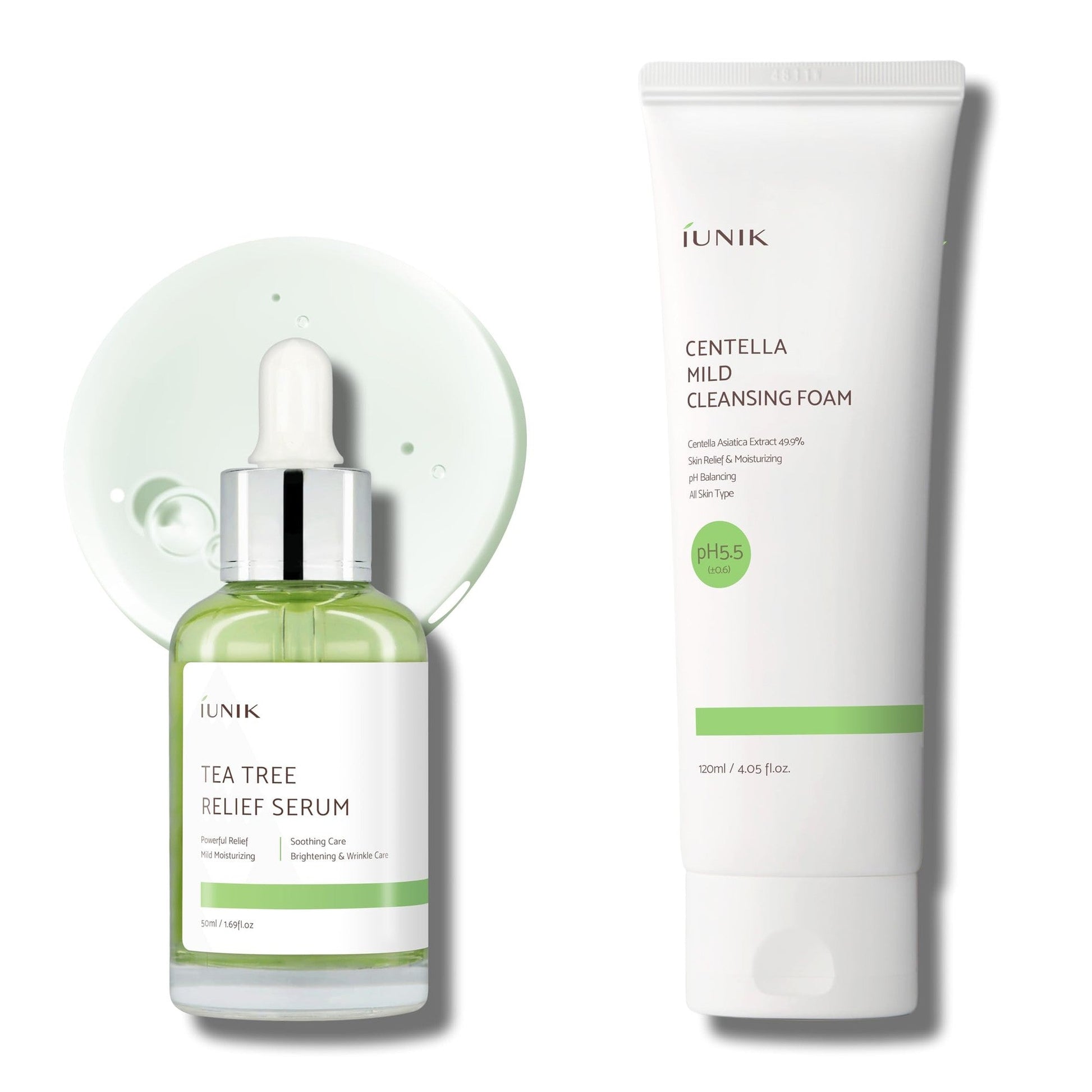 iUNIK Tea Tree Relief Serum & Centella Mild Facial Foaming Cleanser Non-Sticky Non-Stripping pH balancing Soothing Calming Ampoule Gentle Mild Face Cleanser Oily Sensitive Skin Vegan Korean Skincare - Medaid International