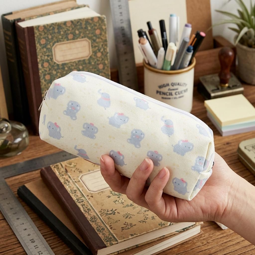 Star Wish Elephant Pencil Case, Large Capacity Canvas Pen Pouch for Students, Cute Kawaii Stationery Organizer Bag with Adorable Elephant Design, Portable Storage Makeup Bag for Girls School Office