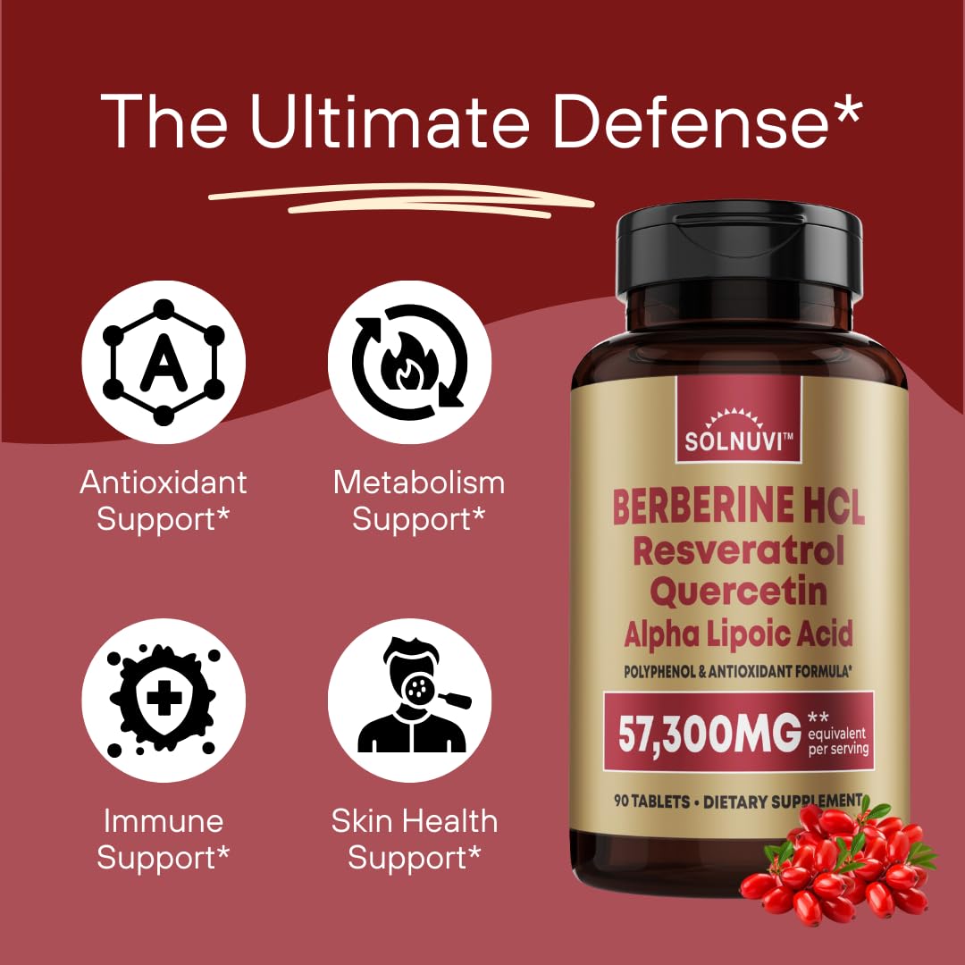 Premium Berberine Supplement with Resveratrol Quercetin Alpha Lipoic Acid - 50:1 Berberine HCl Complex Potent Antioxidants, Polyphenols, Vitality Boost - 90 Vegan Tablets, Non-GMO, Gluten-Free - Medaid International