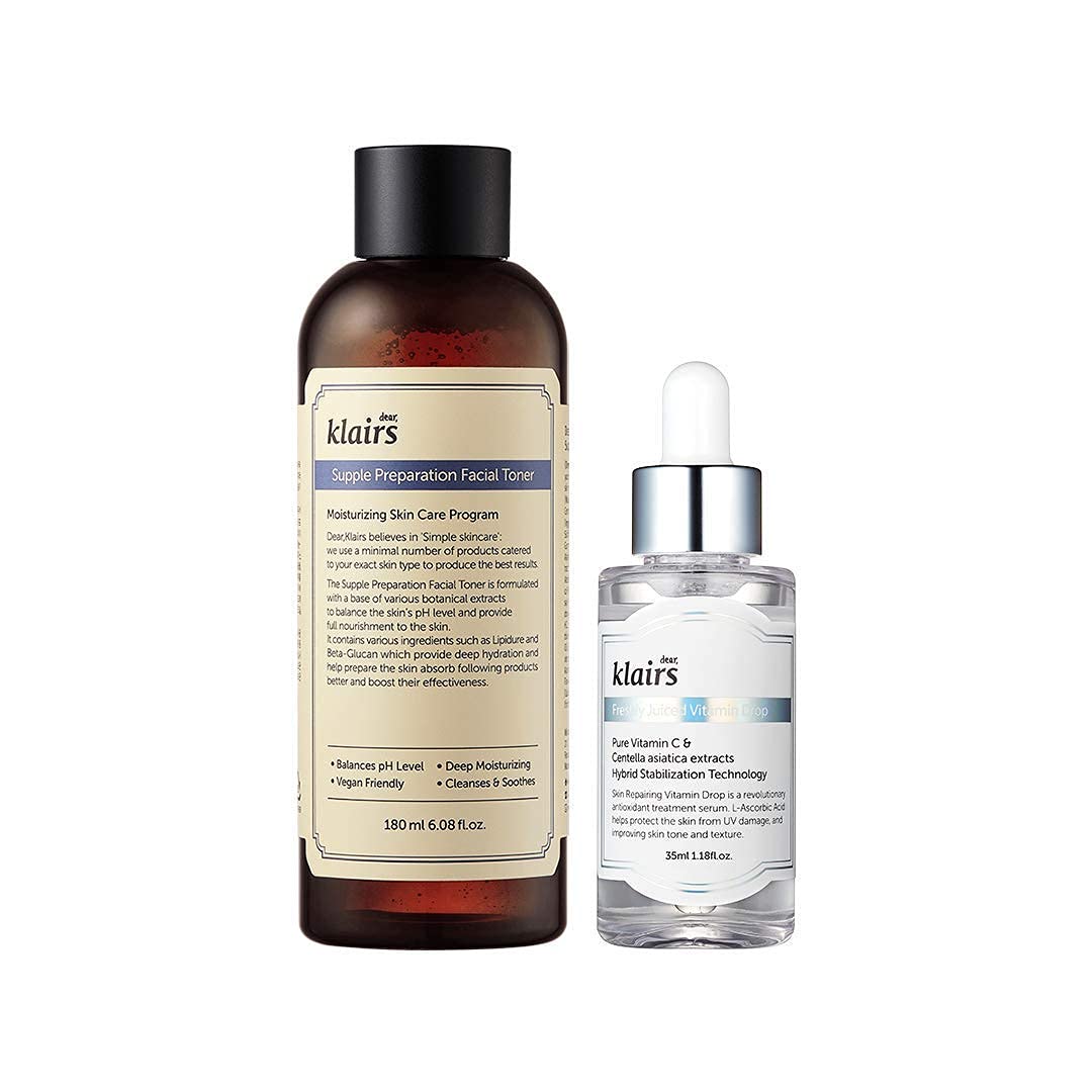 DearKlairs 1Million-Seller Basic Set, Toner, Vitamin Drop Serum, Skin Hydration, Perfect Simple Korean Skincare Routine - Medaid International