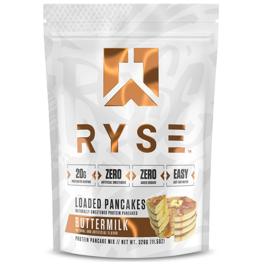 RYSE Loaded Protein Pancake & Waffle Mix - Buttermilk - Naturally Sweetened Breakfast with 21g Protein, 3g MCTs and 2g Fiber - No Added Sugar - High Protein Snack for Clean Energy - 6 Servings - Medaid International