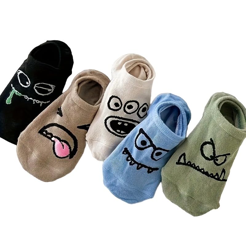 TERRIFI 5 Pairs of Cartoon Print Low Cut Ankle Socks, Funny Breathable Women's Stockings for Everyday Wear
