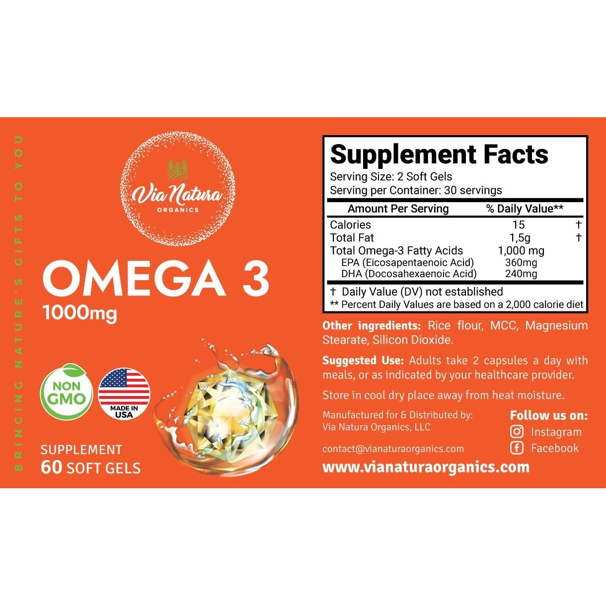 Via Natura Organics Omega 3 | 1000mg | Fish Oil | Fatty acids | EPA & DHA | Non-GMO | 60 Softgels - Medaid International