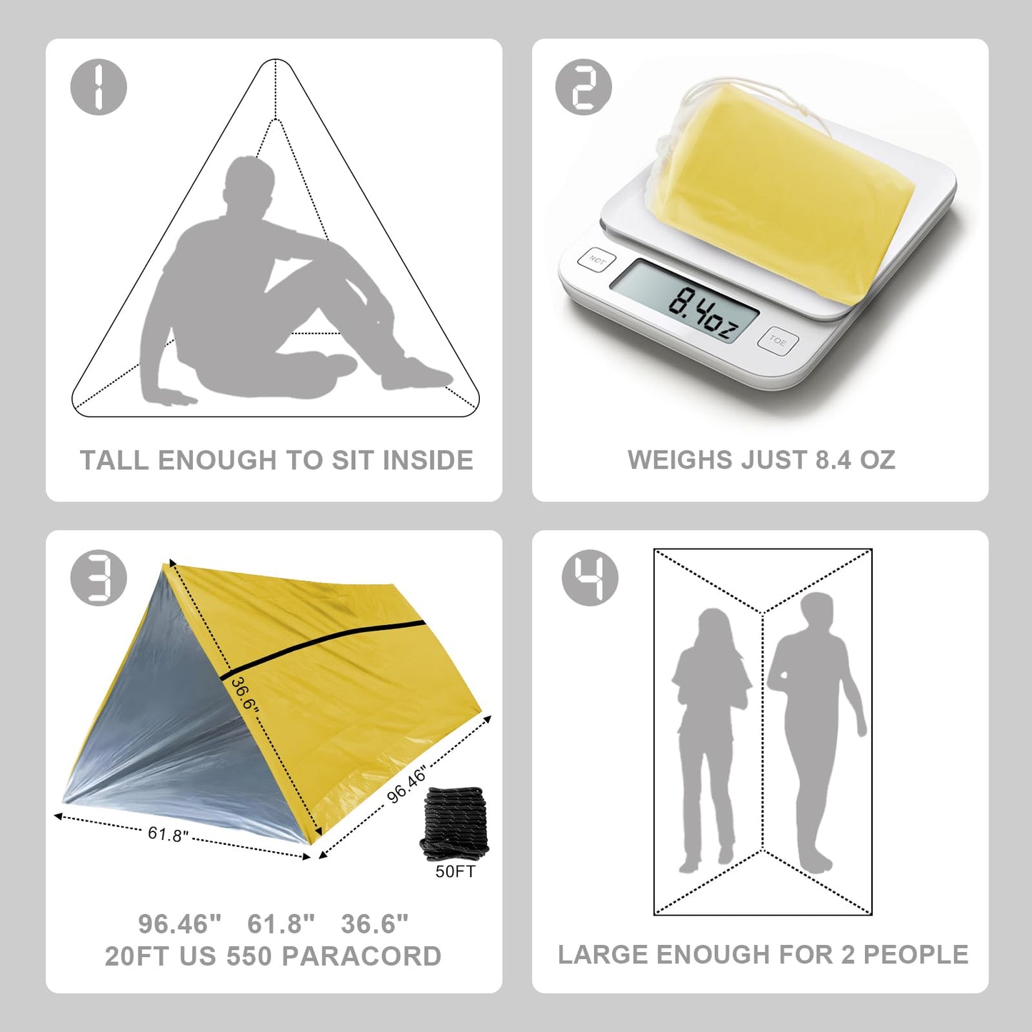 SET007 1-Pack Mylar Survival Life Tent, 2 Person Emergency Shelter Tube Tents with Paracord • 90% Heat Retention, Waterproof, All Weather Protection for Hiking, Camping & Outdoor-Yellow