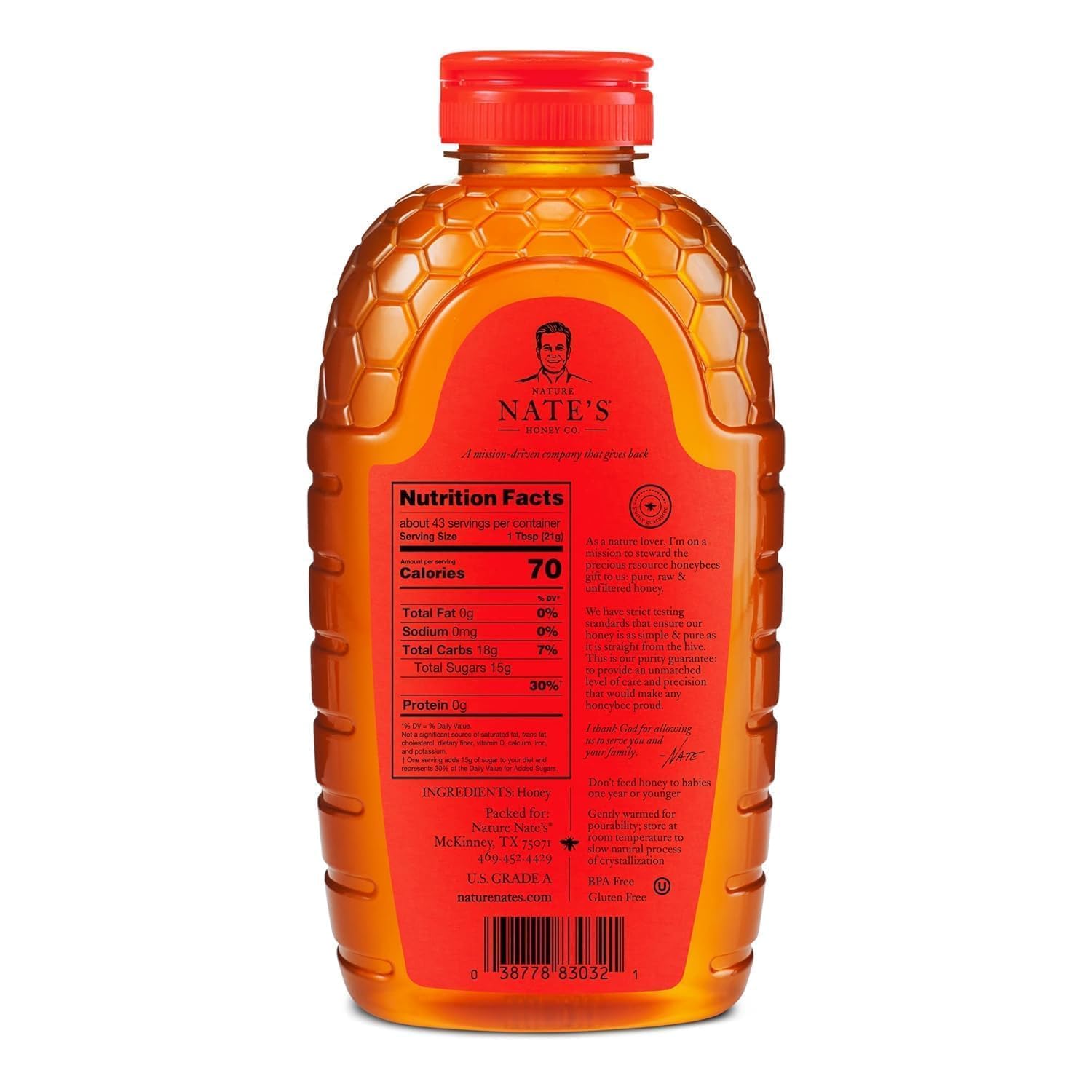 Nate's 100% Pure, Raw & Unfiltered Honey - Award-Winning Taste, 32oz. Squeeze Bottle - Medaid International