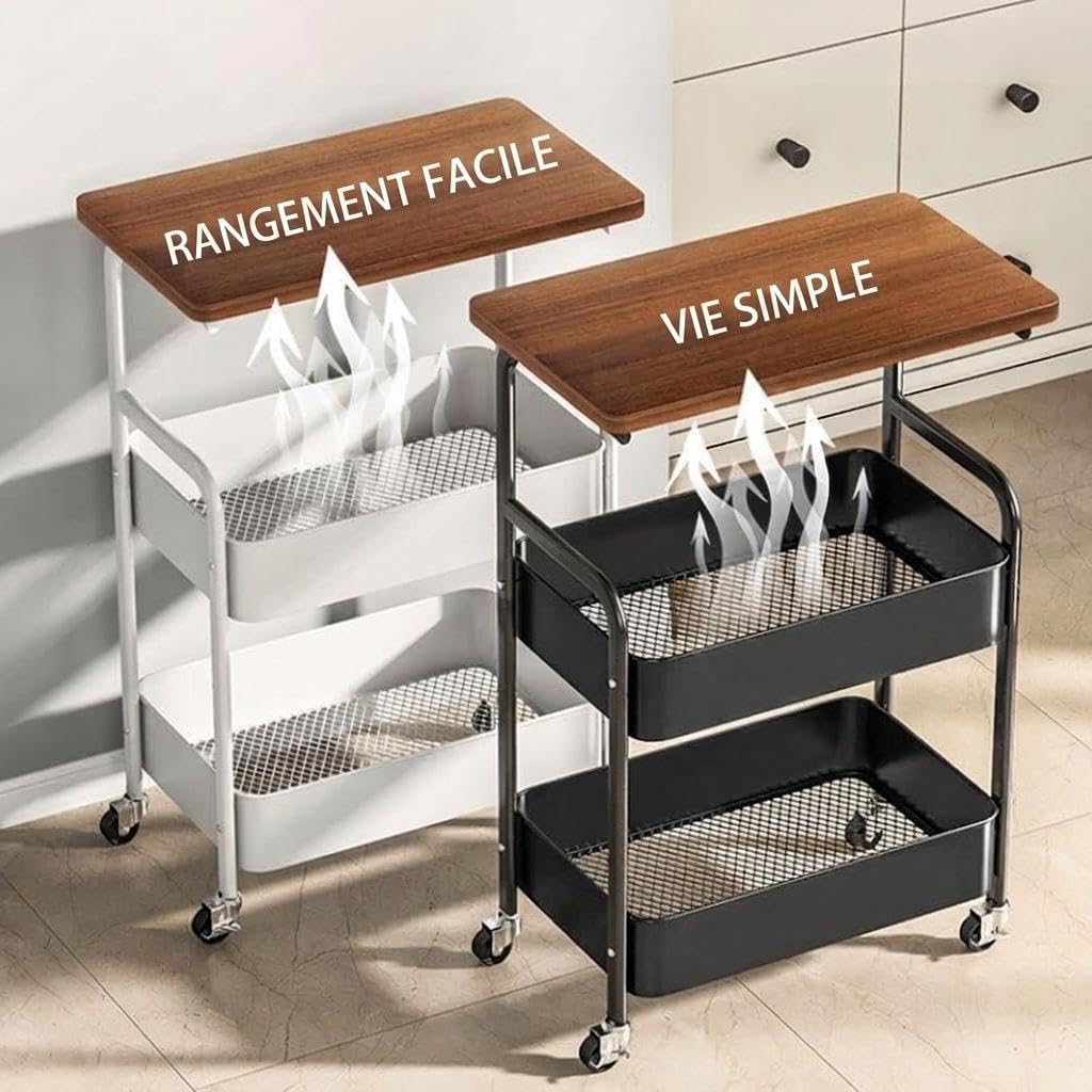 3-Tier Rolling Side Table with Wooden Top