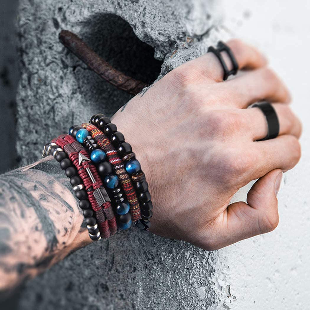 TERRIFI Braided Leather Bracelets for Men Women Wrap Tiger Eye Lava Rock Beads Bracelet Woven Ethnic Tribal Rope Wristbands Bracelets Set Adjustable