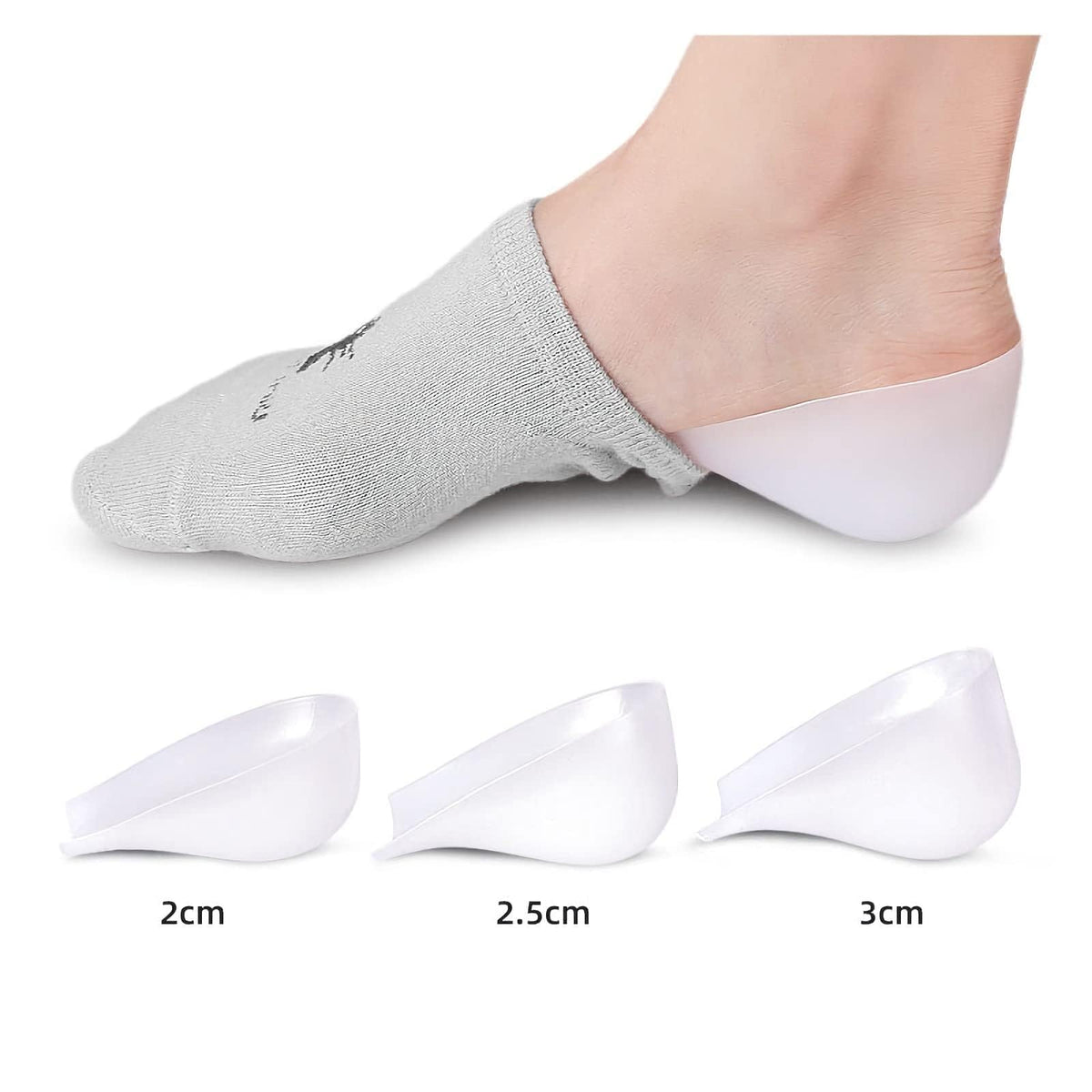 TERRIFI Silicone Heel Lift Insoles 3 Pairs, Unisex Height Increase Inserts for Men and Women, Soft Gel Shoe Heel Pads for Daily Wear, White