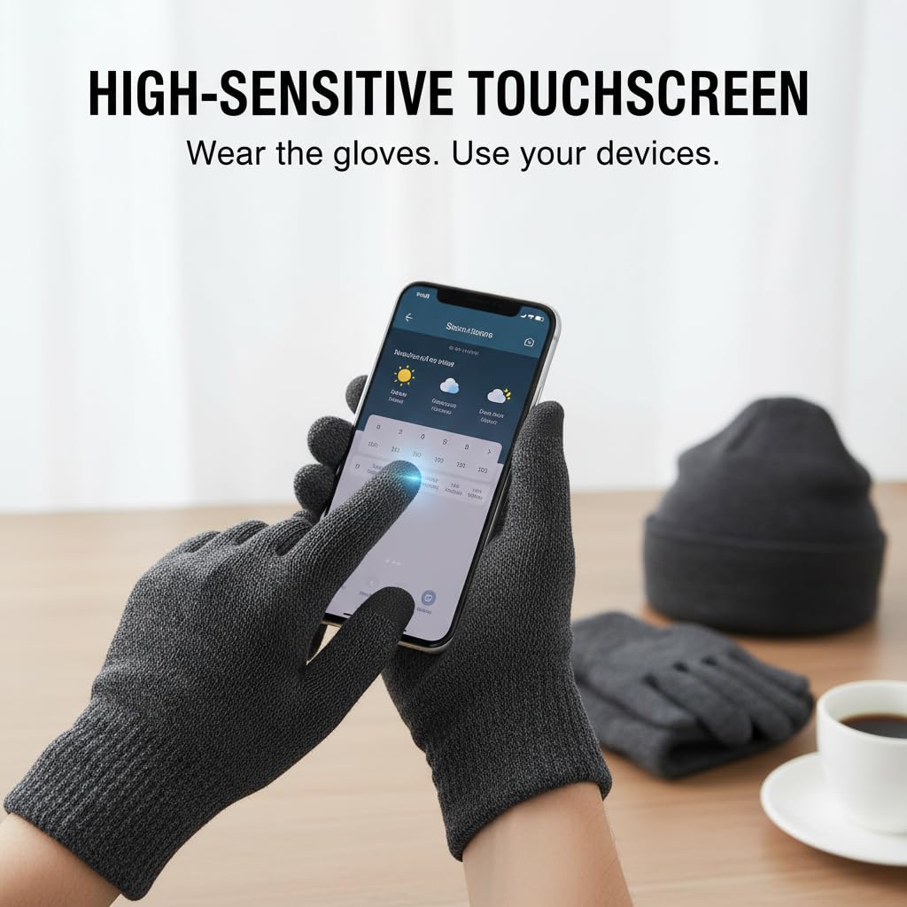 KASTWAVE Winter Beanie Hat Scarf Touchscreen Gloves Set, Knit Thick Fleece Lined Warm Touchscreen Gloves Beanie Scarf Set for Men and Women, Women Winter Hats 3-Piece Warmer Gift Box
