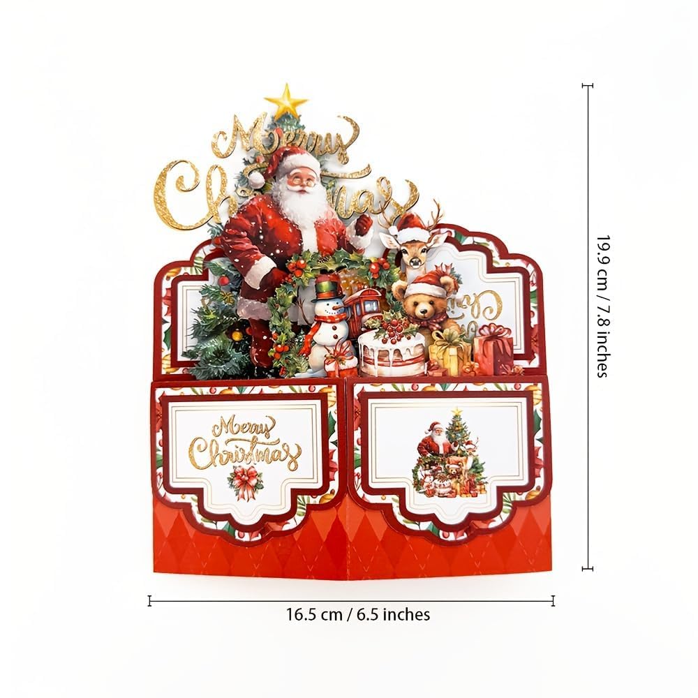 2pcs Vintage 4-Layer Christmas Greeting Card with Santa Claus, Reindeer & Tree Design - Paper Holiday Card with Envelope, Festive Holiday Party Invitation for Friends & Family - Medaid International