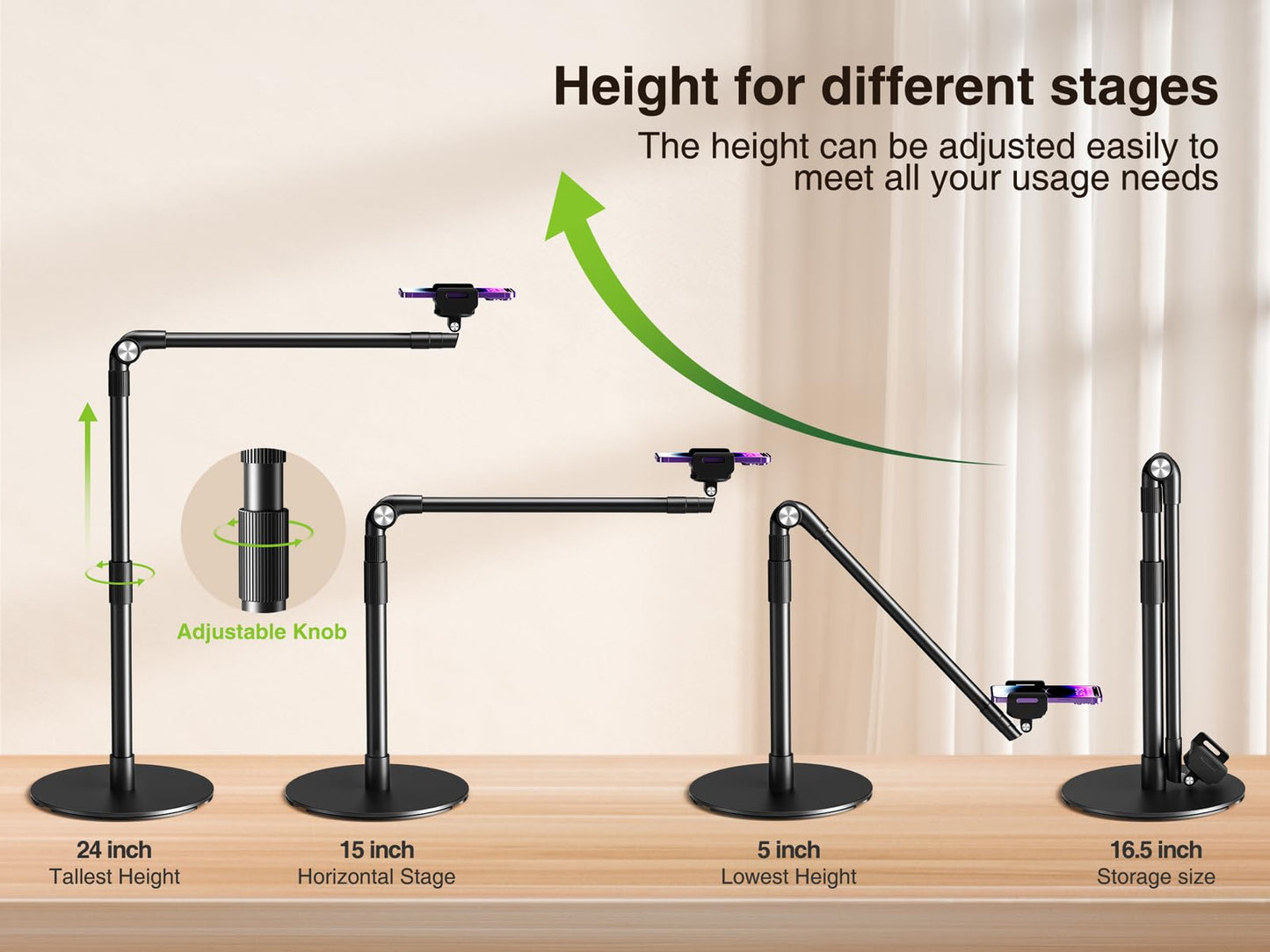 elitehood Heavy Duty Aluminum Overhead Phone Stand, 15 in Long Arm iPhone Holder for Video Recording, 360 Degrees Swivel Tilt Overhead Phone Mount for Filming, Meeting, Cooking, Painting and Crafting - Medaid International