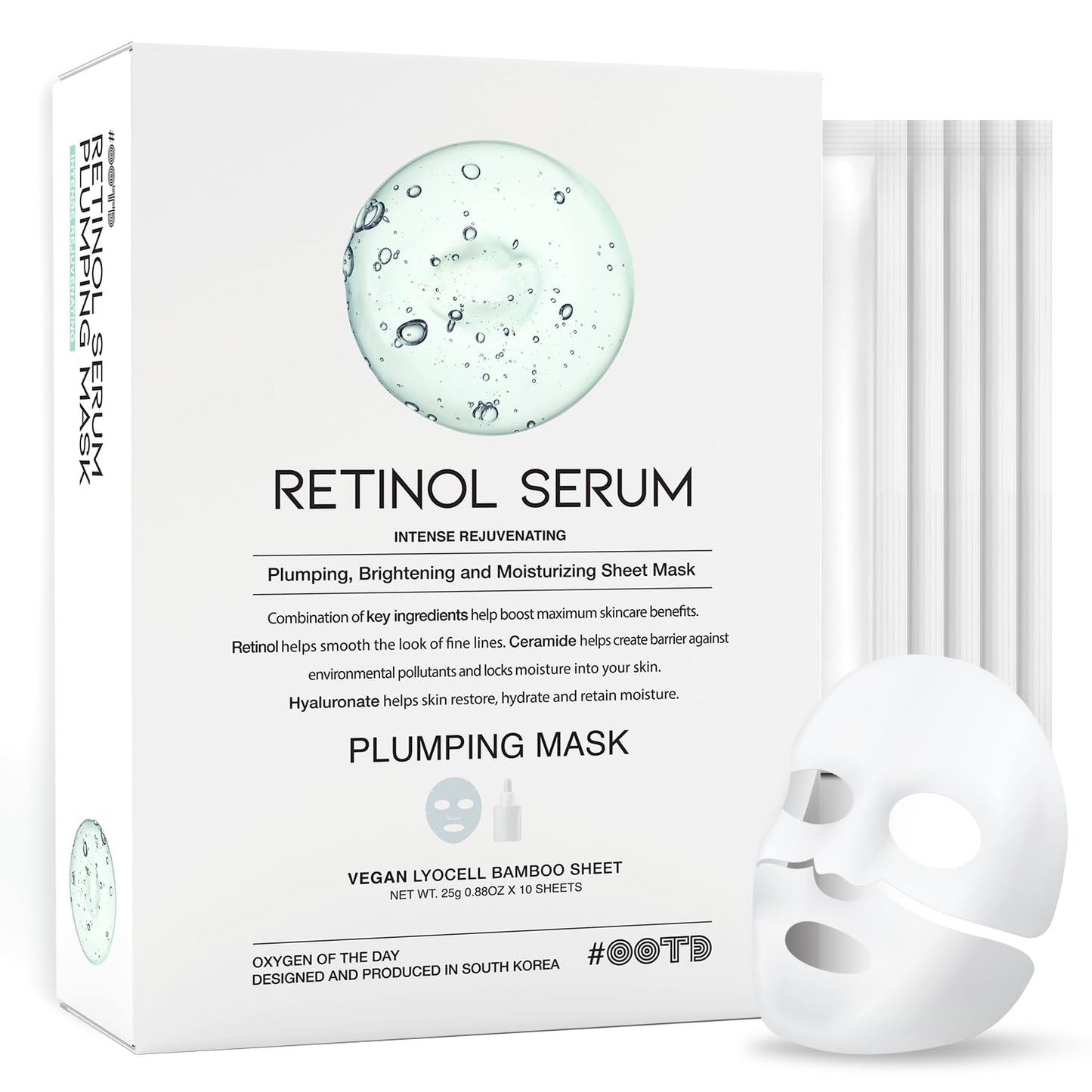 Rejuvenating Retinol Sheet Mask Korean Vegan Wrinkle Lifting, Plumping and Moisturizing Sheet Mask, Retinol, Ceramide, Hyaluronate 10EA - Medaid International