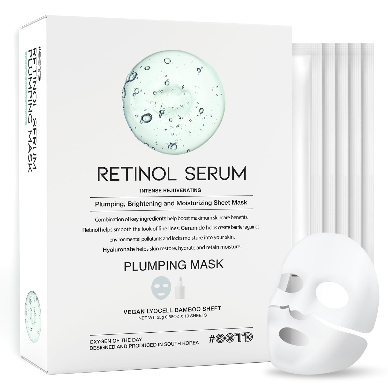 Rejuvenating Retinol Sheet Mask Korean Vegan Wrinkle Lifting, Plumping and Moisturizing Sheet Mask, Retinol, Ceramide, Hyaluronate 10EA - Medaid International
