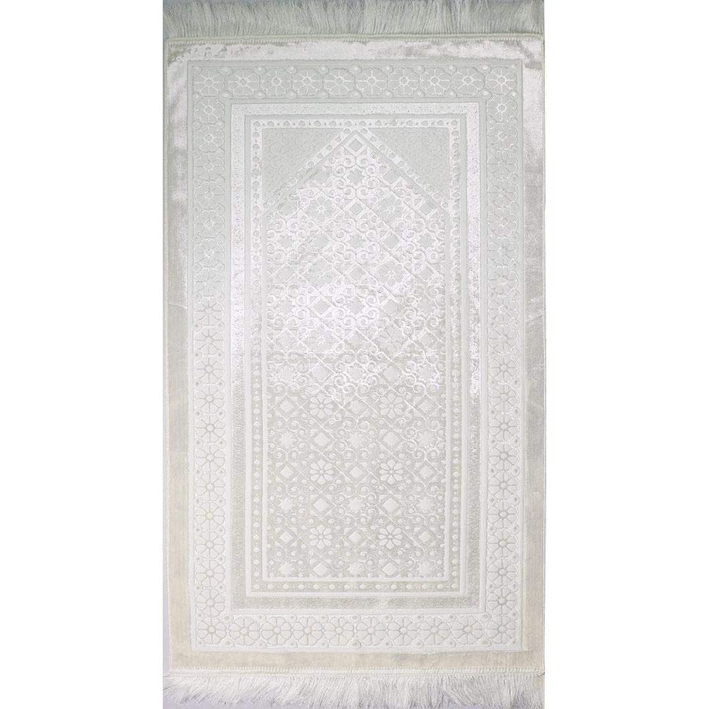 Modefa Velvet Prayer Rug - Soft Plush Turkish Janamaz Sajada Carpet for Men and Women - Plain Solid Prayer Mat Ramadan Eid Gift - with Prayer Beads - Luxury Floral Stamp (White) - Medaid International