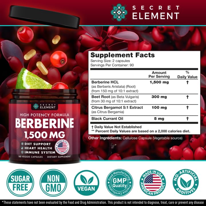 Secret Element Berberine HCL Supplement 1500 mg, High Potency Vegan Capsules with Beet Root, Citrus Bergamot & Black Currant, Non-GMO, 180 Capsules - Medaid International