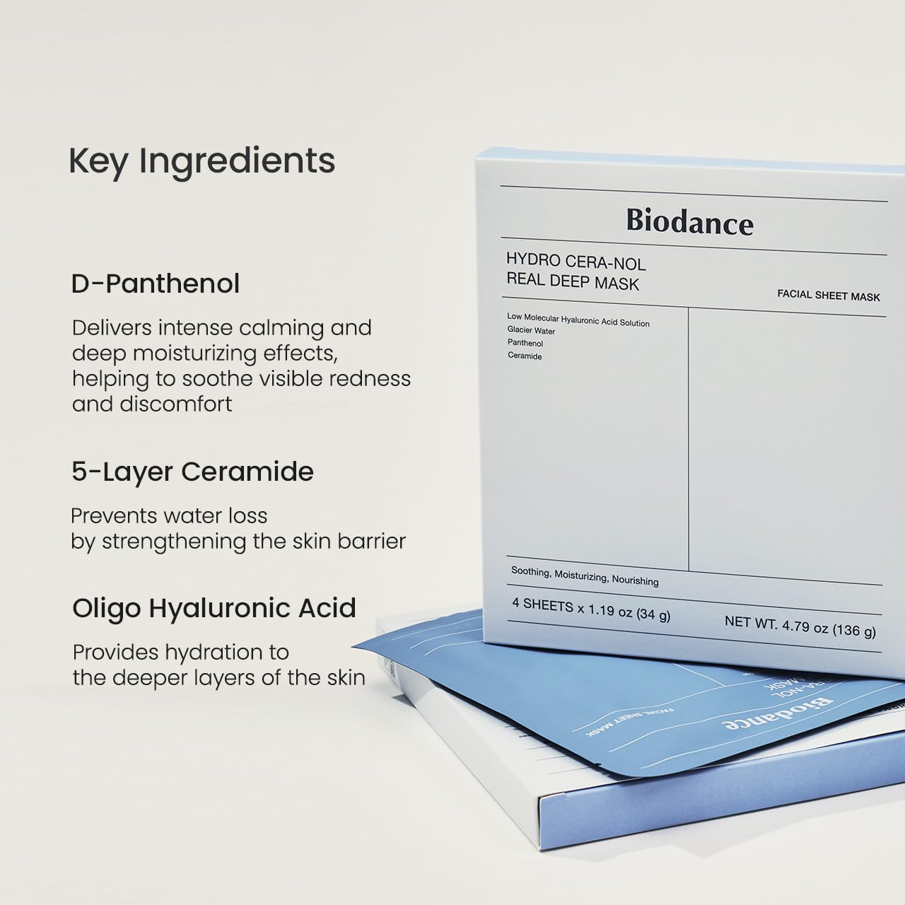 BIODANCE Hydro Cera-nol Real Deep Mask, Overnight Hydrogel Mask, Hydrating Facial Mask For Sensitive Skin, Redness Reducing & Quick Soothing Effect, Korean Skincare, Stocking Stuffers |1.19oz(34g)x4ea - Medaid International