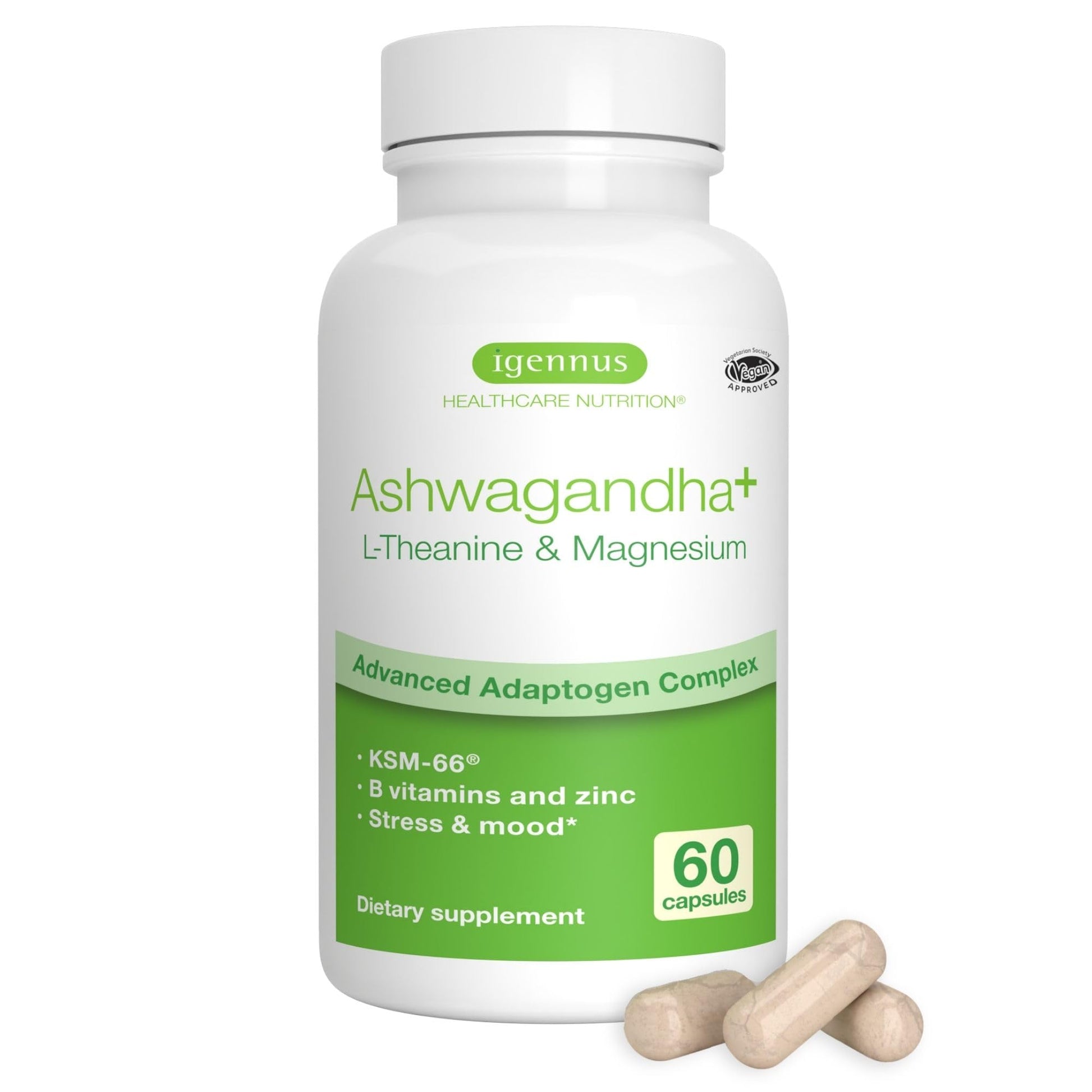Igennus High Strength Ashwagandha Stress Relief Complex, L-Theanine & Magnesium & KSM-66 Root Extract Adaptogens, Methylated B Vitamins, Calm & Sleep Support, Clean Label, 60 Fast Acting Capsules - Medaid International