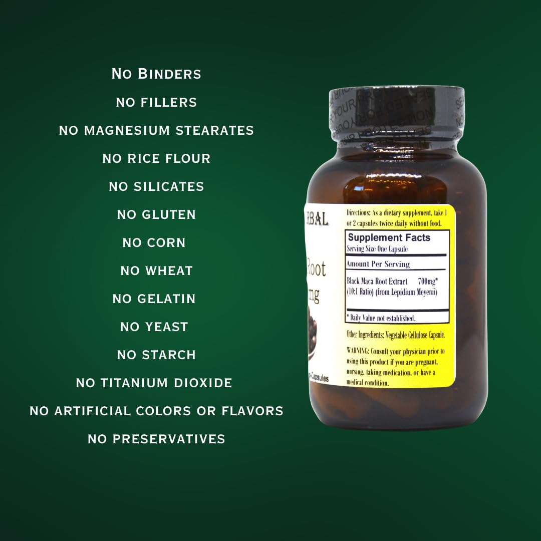 Barlowe's Herbal Elixirs Black Maca | Peruvian Maca Root Extract | 700 mg per Capsule | 60 Veggie Capsules (Vegan, Kosher, Halal) | | Glass Bottle | Third Party Tested - Medaid International