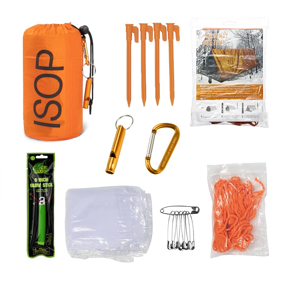 ISOP Emergency Survival Shelter Tent for 2 People + 3 Paracords, Tent Stakes, Glow Stick, Whistle | 100% Waterproof Tent | Ultralight & Extra Large