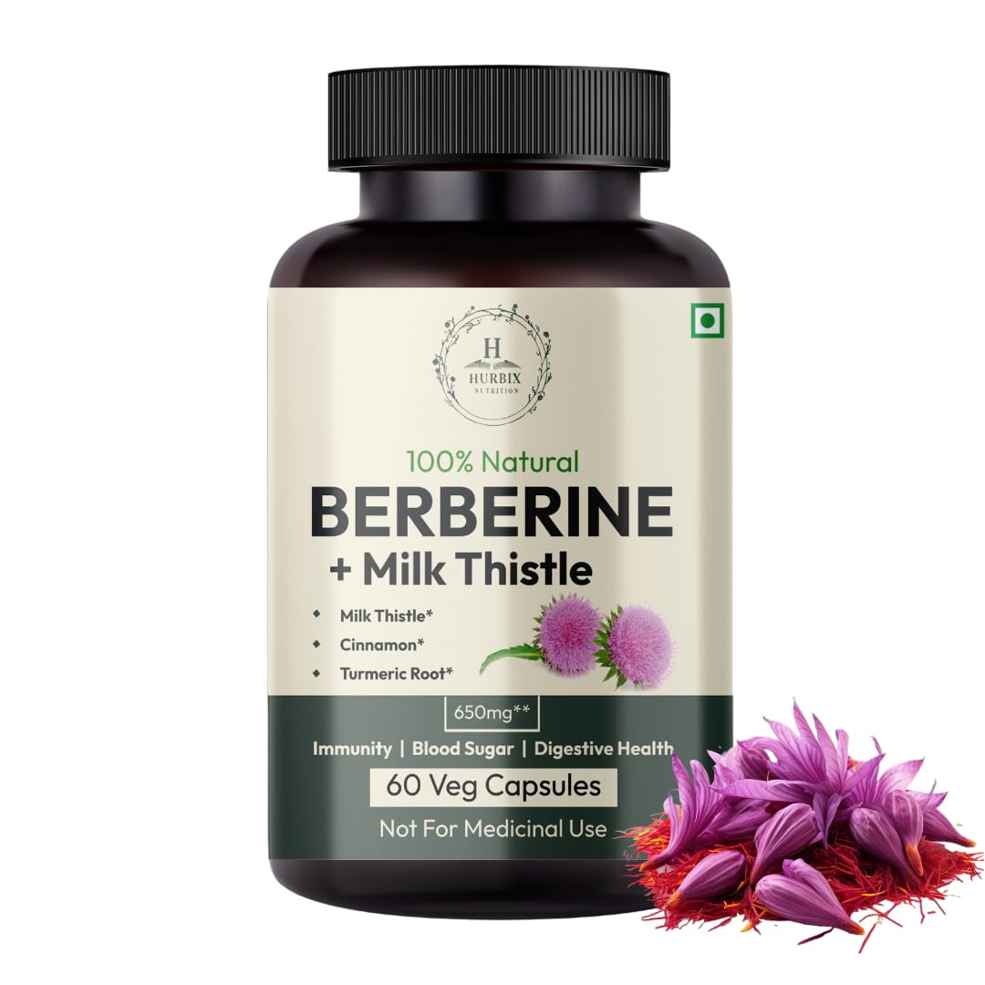 Hurbix Berberine - 1300 mg | 5 in 1 Enhanced Formula with Milk Thistle, Turmeric & Cinnamon | Premium High-Potency Formula | 60 Capsules - Medaid International