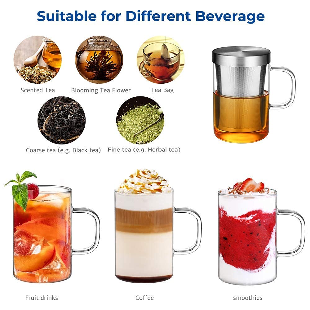 KASTWAVE 16.9oz Borosilicate Glass Tea Mug - Loose Leaf Tea Cup with Stainless Steel Infuser & Lid, Heat Resistant Glass Teacup (430 ml-Use Capacity)