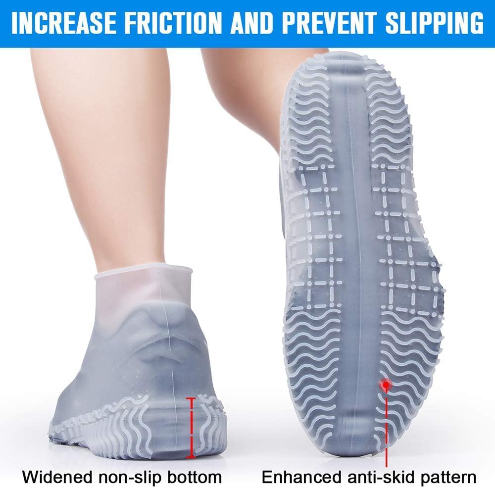 TERRIFI Upgrade Reusable Silicone Waterproof Shoe Covers with Zipper, Non-Slip Textured Sole Washable Rain Overshoes for Rainy Day Commute Gardening Camping, for Men Women-White, Size M (33-38cm)