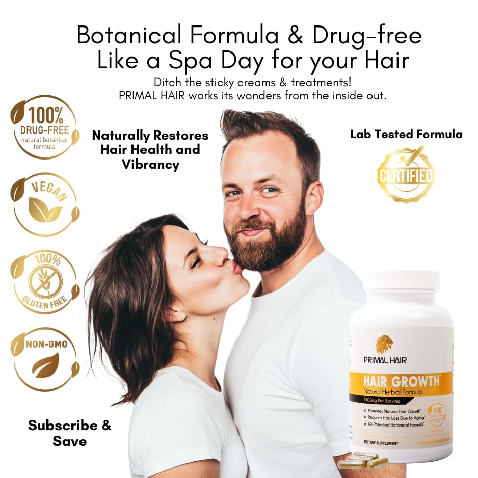 Primal Hair 3 PK- 100% Natural Growth Treatment, Reduces Hair Loss, US Patented Formula Proven Effective for Men & Women, 100% Vegan, Non-GMO, 90-Day Supply, 3 Pack - Medaid International