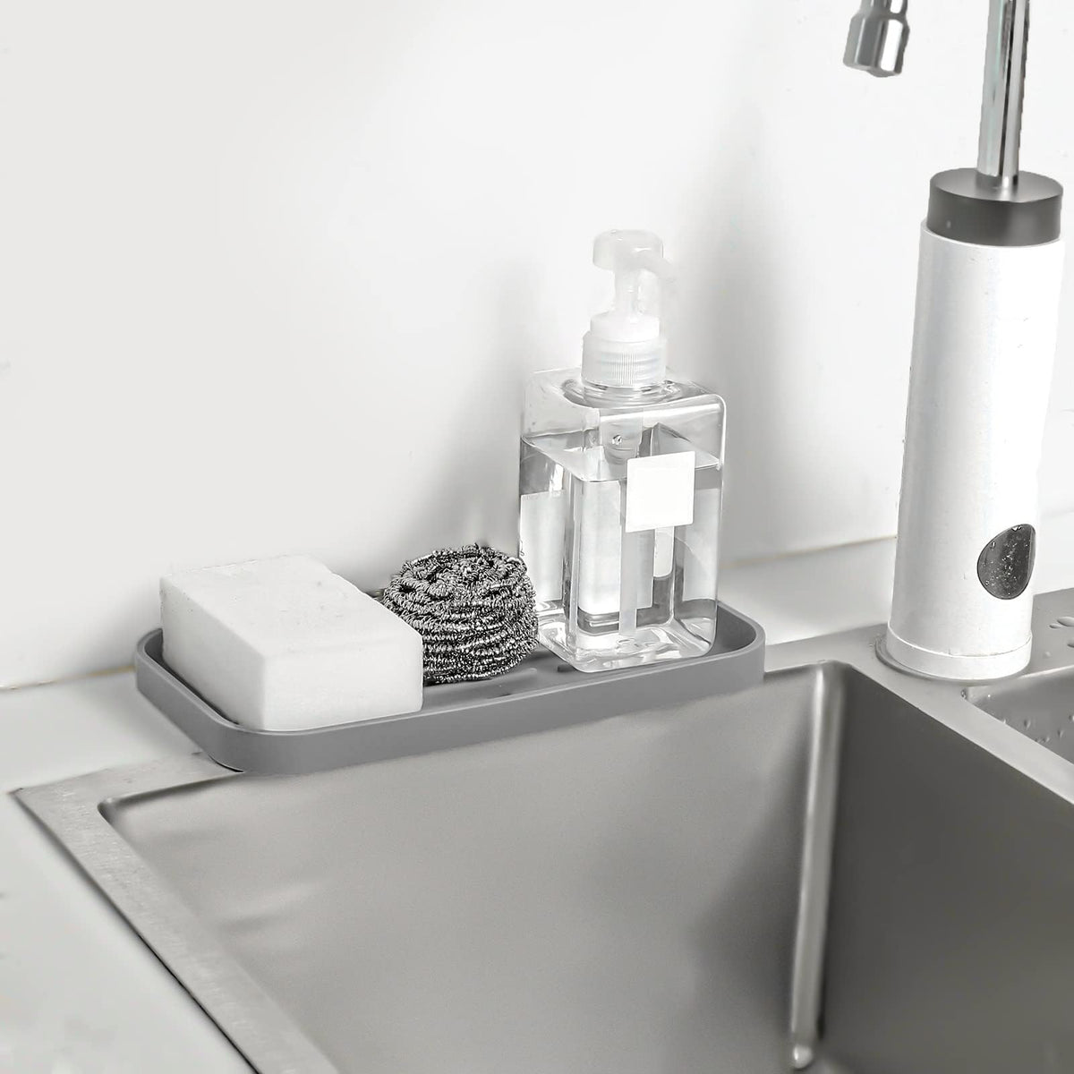 Terrifi Silicone Kitchen Sink Organizer Tray, Eco-Friendly Sponges Holder For Bathroom Counter Or Sink, Kitchen, Bathroom, Makeup, Trinkets, Cup (Grey, 10"×5.3")