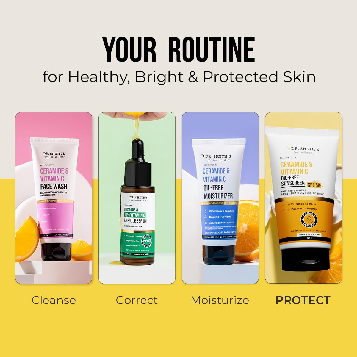 Dr. Sheth's Ceramide & Vitamin C Oil-Free Sunscreen SPF 50+ PA++++ | Non Greasy | For Oily Skin | For Men & Women | 50 g - Medaid International