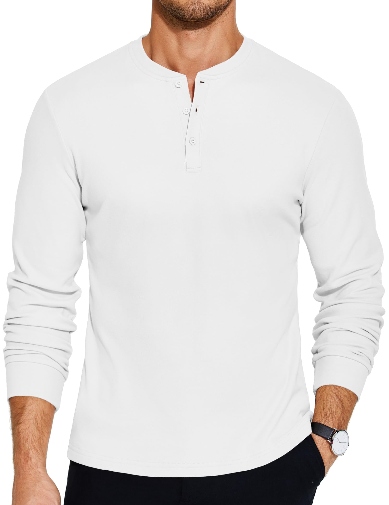 COOFANDY Men's Quarter Button T-Shirts Casual Long Sleeve Henleys Lightweight Pullover Basic Tees Fall Tops White - Medaid International